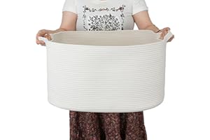 XUANGUO Large Rectangle Blankets Basket Living Room 22"x17"x12" Woven Cotton Rope Storage Baskets for Nursery Toy Baskets for Kids and Dogs Wicker Laundry Basket Bin for Clothes Towels white