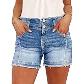 Flamingals Women's Jean Shorts Stretchy Mid Waist Straight Leg Raw Hem Tummy Control Denim Shorts