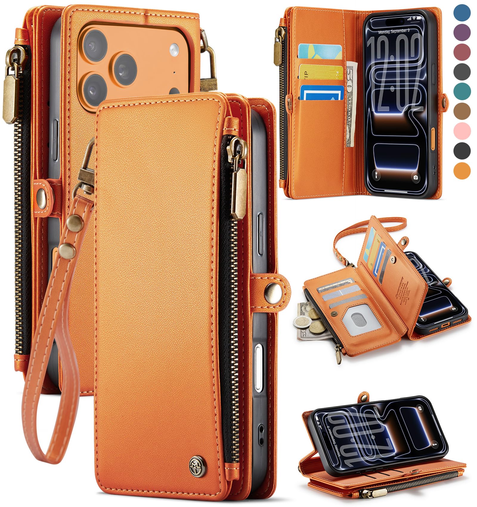 Defencase Compatible with iPhone 17 Pro Case Wallet with RFID Blocking Card Holder for Women Men, Fashion PU Leather Magnetic Snap Flip Zipper Strap Wallet Phone Case for iPhone 17 Pro 6.3", Orange