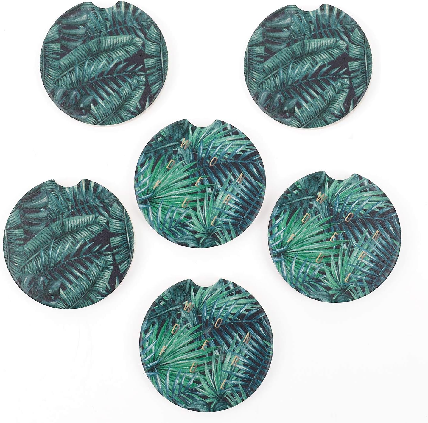 Pack of 6 Ceramic Car Absorbent Coasters Auto Cup Holder Coasters Car Accessories To Keep Your Car Cup Holders Clean and Dry 2.56'' Fit Most Cars(Monstera Leaves and Palm Leaves)