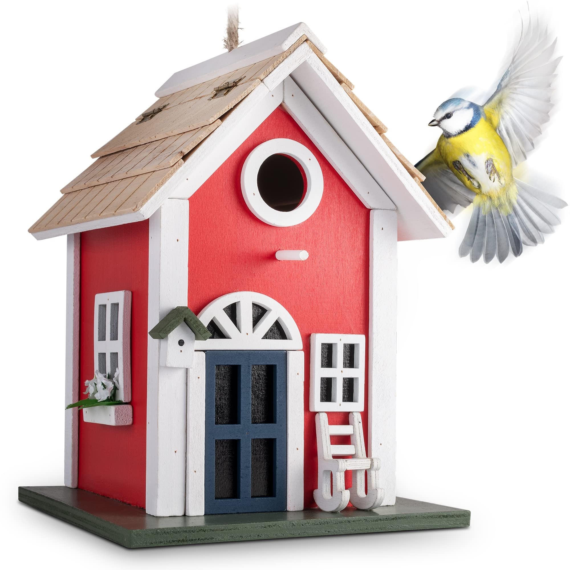 GARDIGO® Wooden Nesting Box Country Style | Decorative Red Bird House | Swedish Cottage Style Birdhouse for Hanging | Nesting Aid for Garden, Balcony, Terrace | Blue Tit Nest Box with 30mm Hole