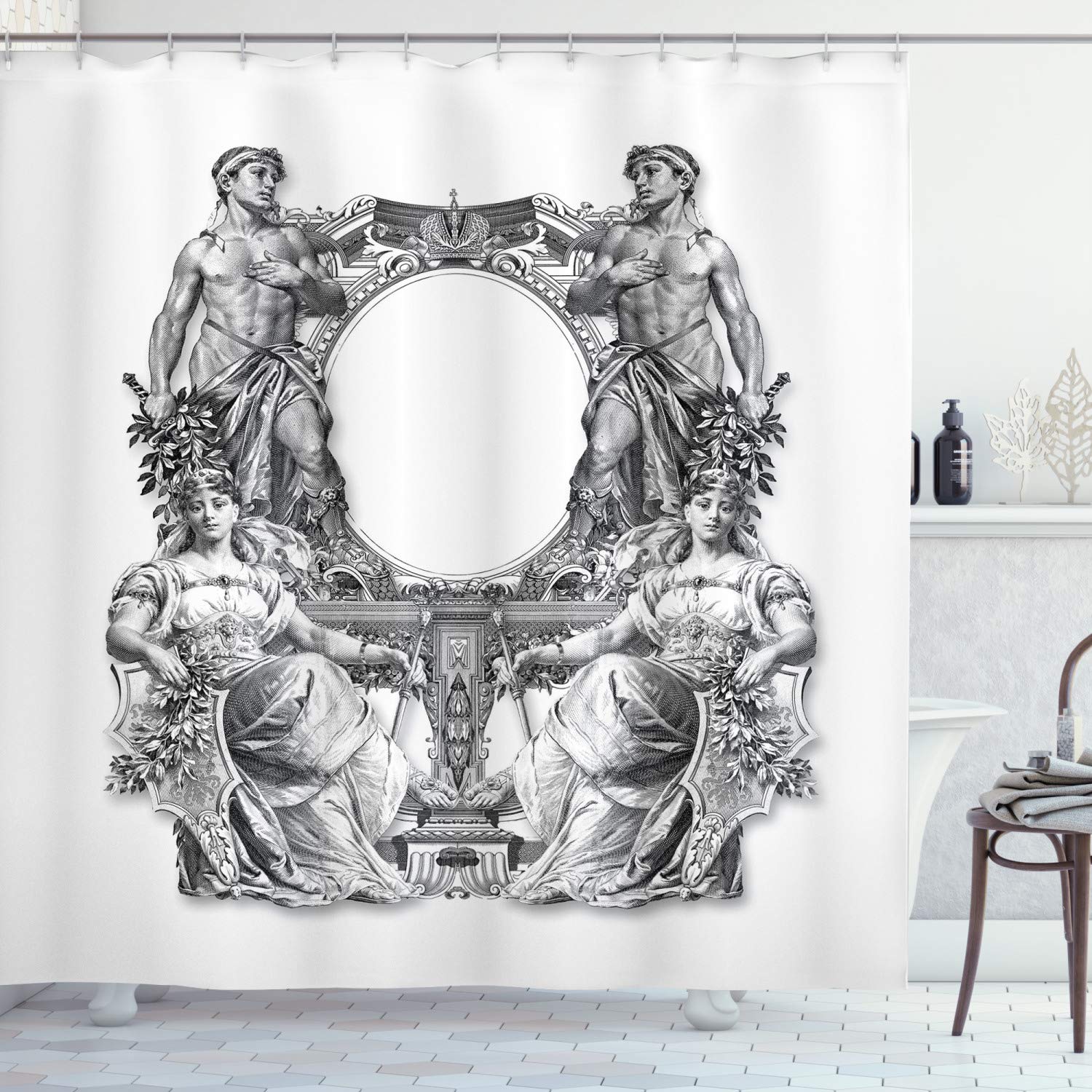 ABAKUHAUS Victorian Shower Curtain, Old Victorian Frame 2 Man and 2 Woman Baroque Crown Princess Art, Cloth Fabric Bathroom Decor Set with Hooks, 86 Inches Extra Long, Black White