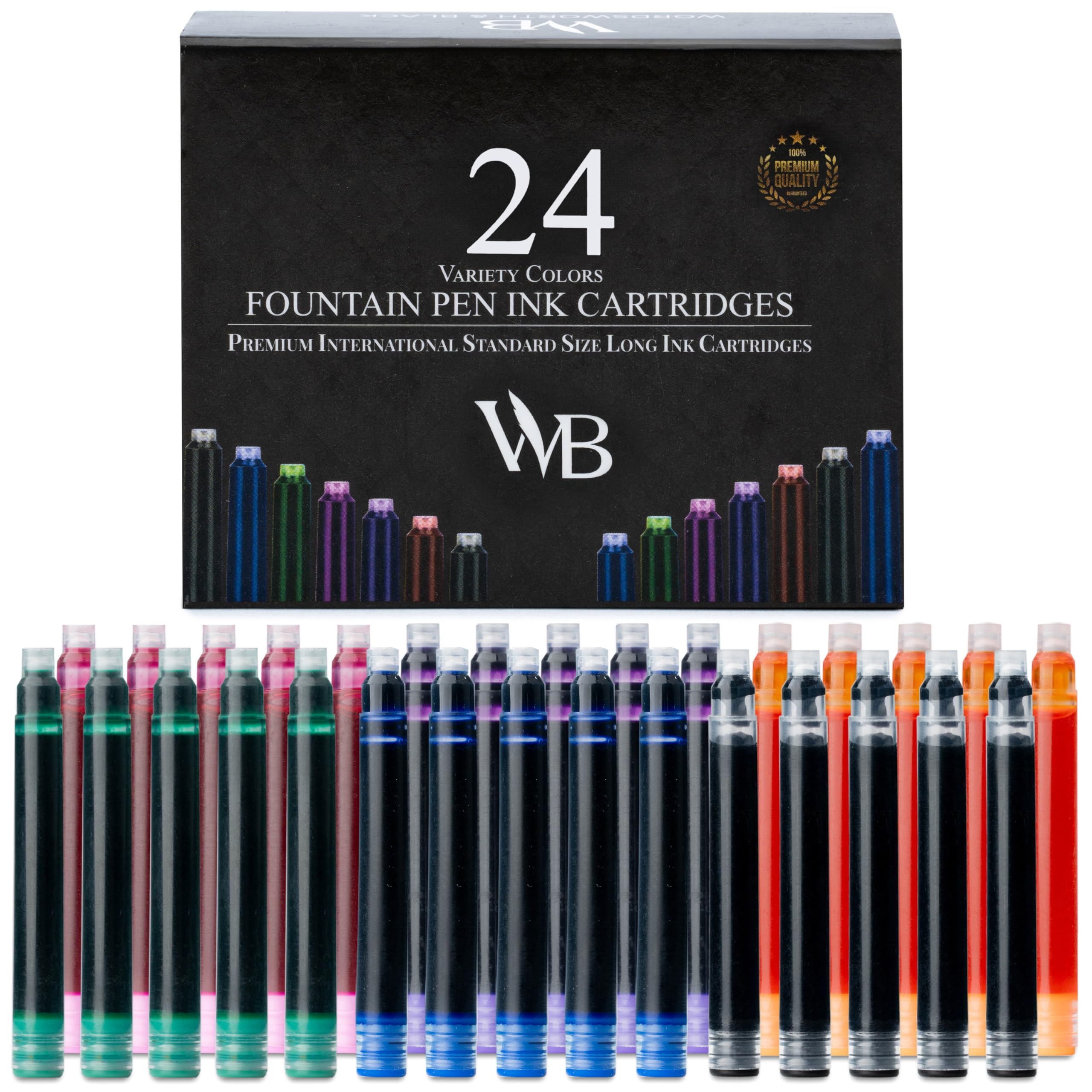 Wordsworth & Black 24 Pack Fountain Pen Ink Refills - Set of 24 Assorted Ink Cartridges - International Standard Size - Length APPR 2.3" - Base Diameter APPR 0.24" - Disposable and Generic