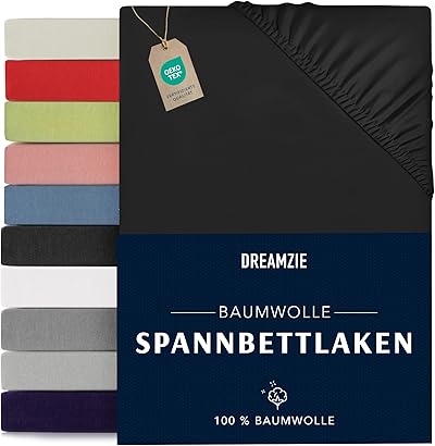 Dreamzie - Spannbettlaken 160x200cm - Baumwolle Oeko Tex Zertifiziert - Schwarz - 100% Jersey Spannbetttuch 160x200