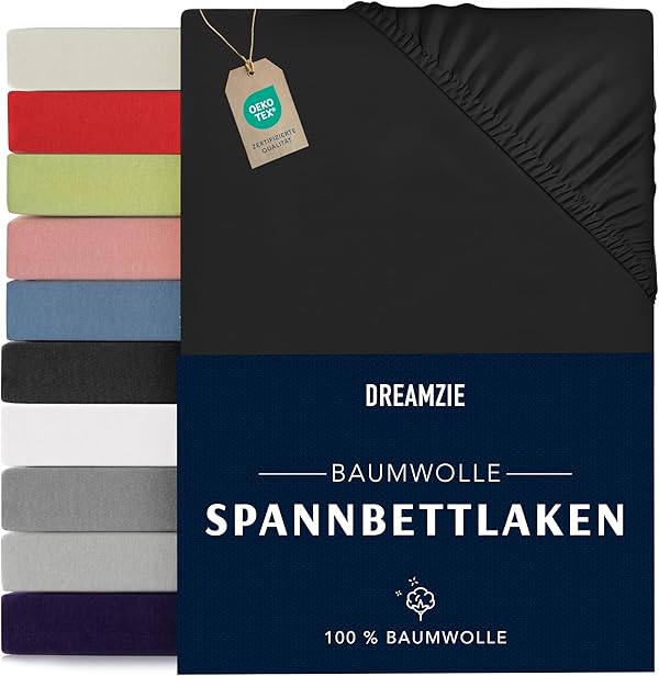 Dreamzie - Spannbettlaken 160x200cm - Baumwolle Oeko Tex Zertifiziert - Schwarz - 100% Jersey Spannbetttuch 160x200
