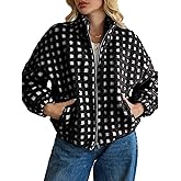 Oymyakon Women Checkered Sherpa Jacket Cropped Long Sleeve Fuzzy Plaid Fleece Coats Casual Zip Up Gingham Outwear