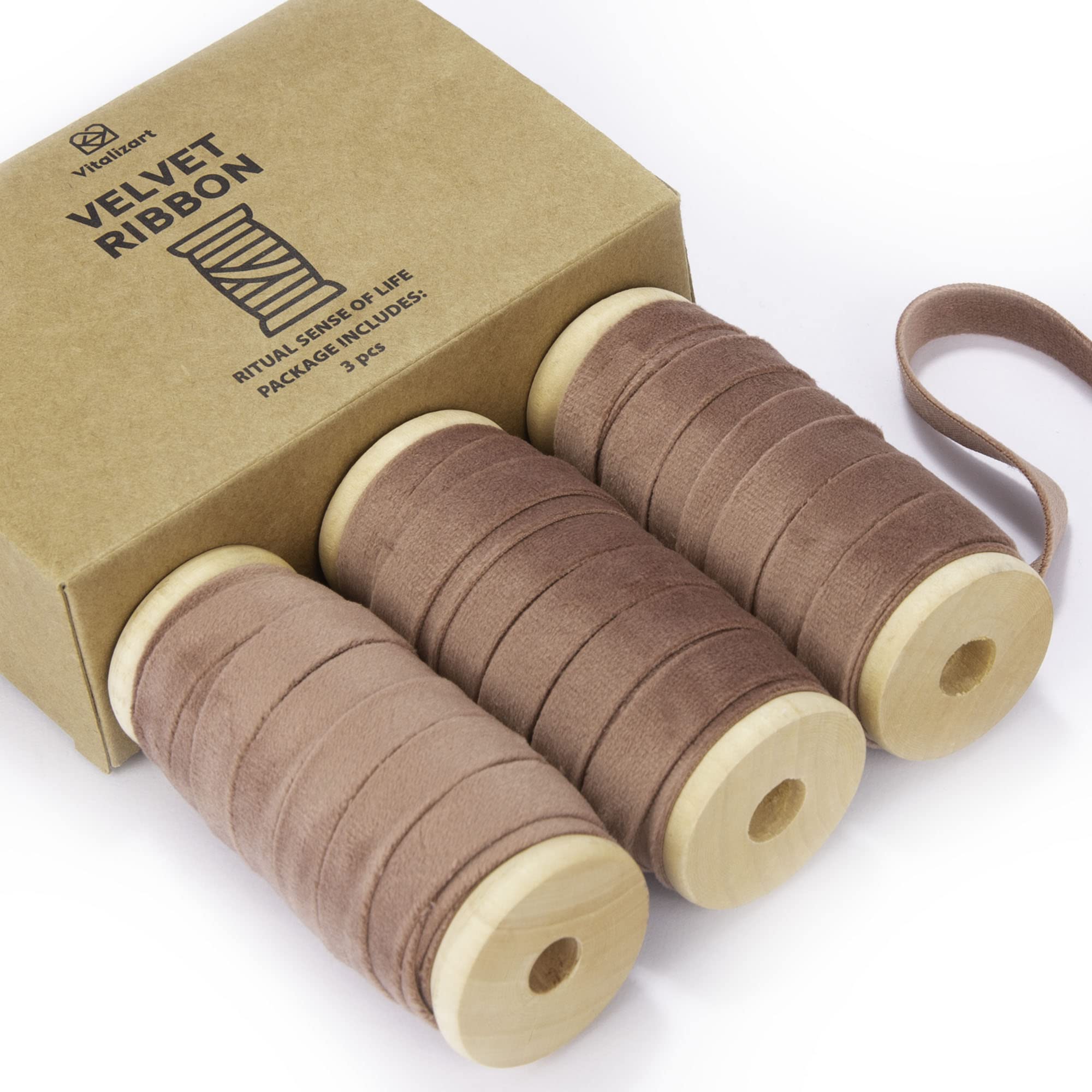 Vitalizart Velvet Ribbon Set 3/8" x 5Yd x 3 Rolls Rose Gold, Wooden Spool, Fabric Trim for Christmas Wreath Decoration, Handmade Craft, Ornaments, Gift Wrapping & Bow Making โ image 1