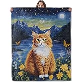 Lugiu Cat Floral Blanket, Lightweight Comfy Mountain Lake and Flower Kitten Throw for Couch Sofa Bedroom, Soft Cozy Travel Flannel Dreamy Cute Blankets Gifts for Women Girls Kids, Home Decor 60×50in