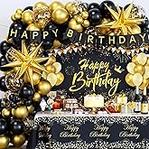 Black and Gold Birthday Decorations for Men Women, 71pcs Black and Gold Party Decorations with Backdrop, Tablecloth, Gold Foil Balloons, Banner, Balloon Arch for Birthday Party Decorations