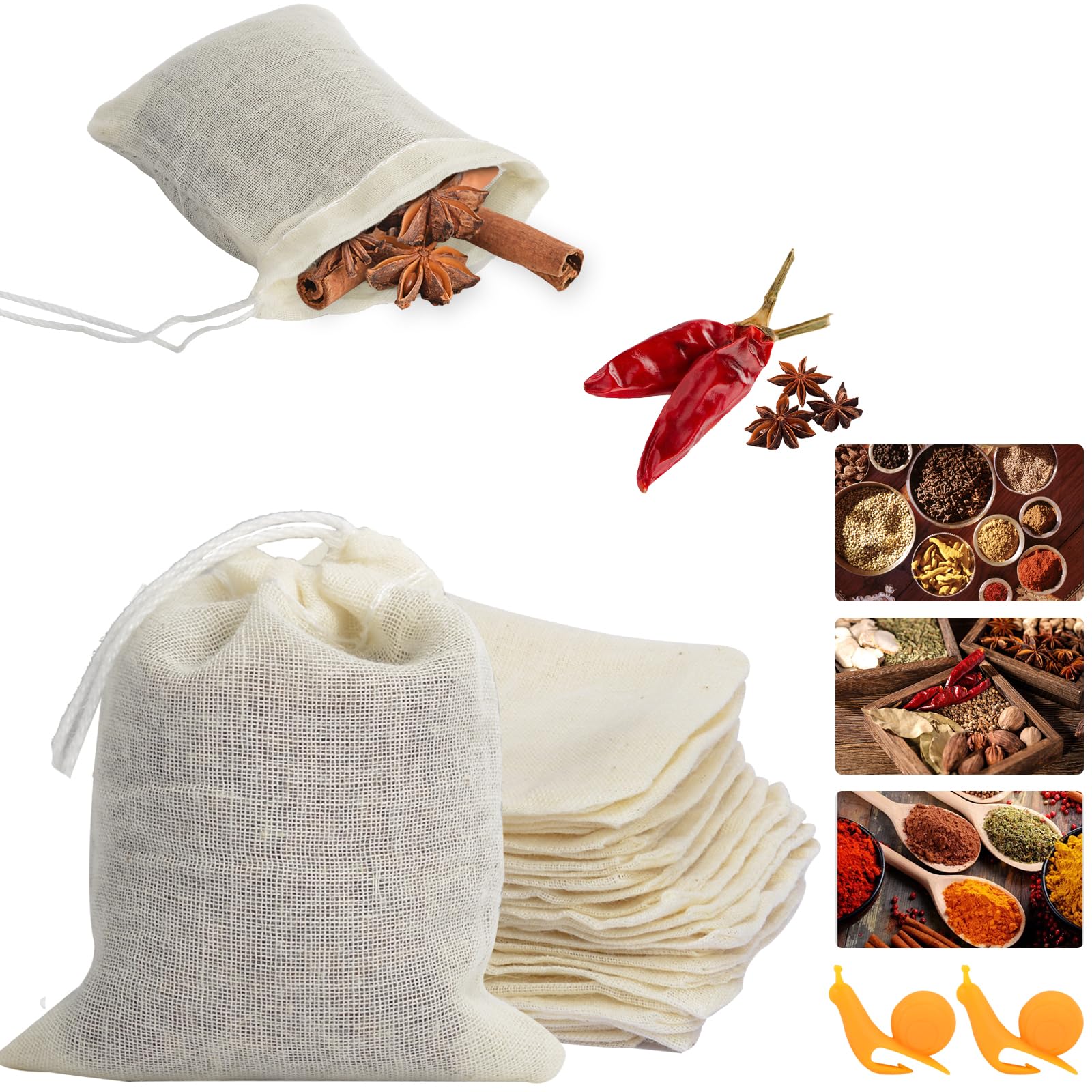 Memotoo 50Pcs Unbleached Cotton Tea Bags, Reusable Drawstring Tea Bag for Cooking Soup, Empty Natural Organic Tea Infuser Bag for Coffee Tea Bone Broth (3.2 x 2.4 inch)