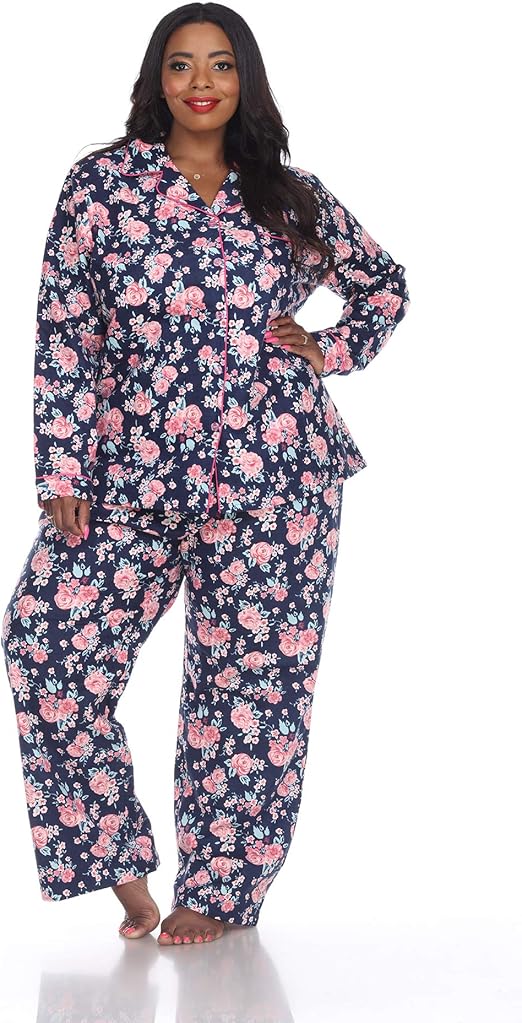 Plus Size Comfortable Womens Flannel Pajama Set by WM (1X, Navy Pink