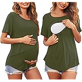Ekouaer Women Short Sleeve Nursing Shirts Soft Maternity Tops Double Layer Breastfeeding Blouse Round Neck Pregnancy Clothes