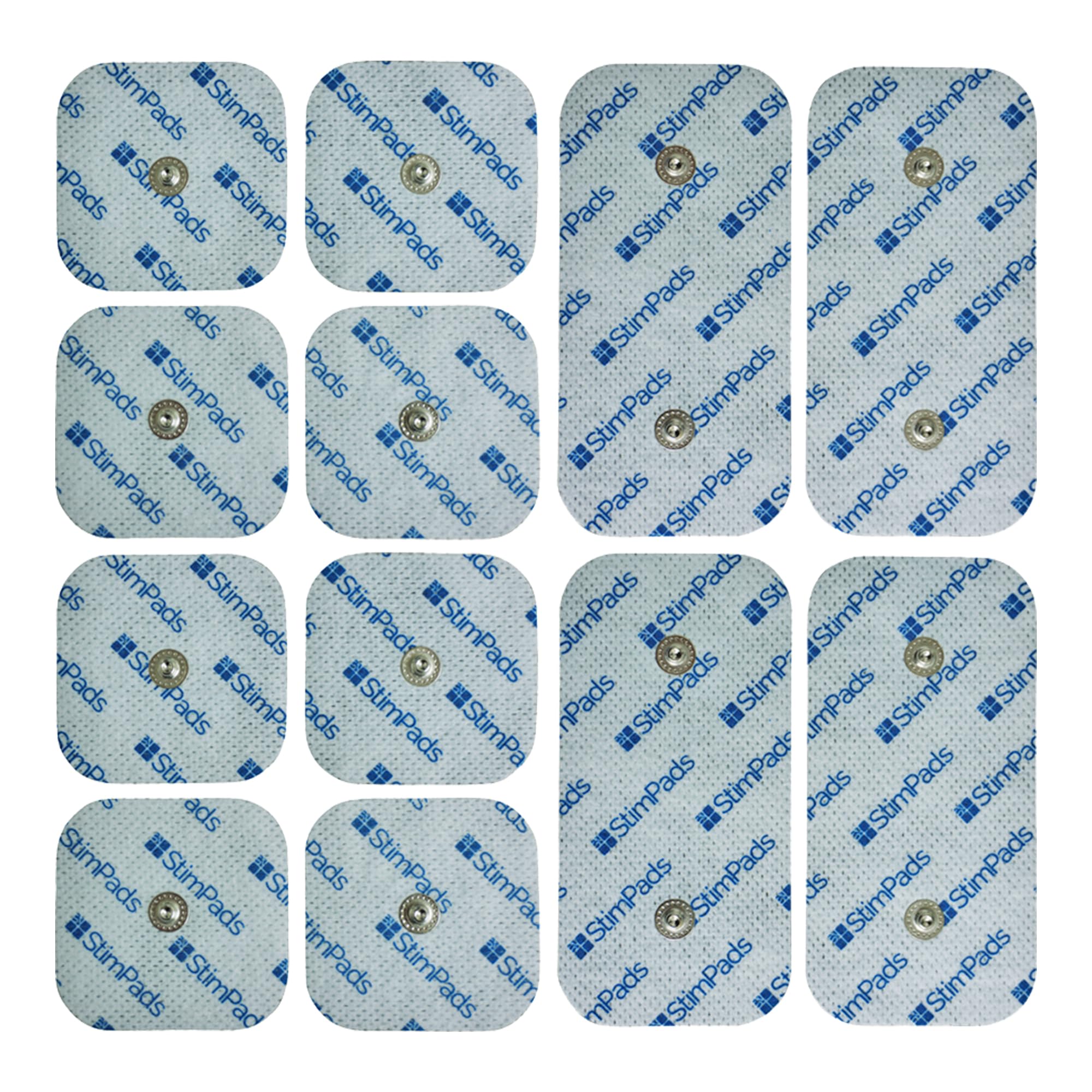 StimPads TENS Electrode Pads compatible with Compex devices. Combi-pack of 50X50 and 50X100mm with double 3.75mm Easy Snap EMS Machine Replacement Pads, certified medical device by Motron NV