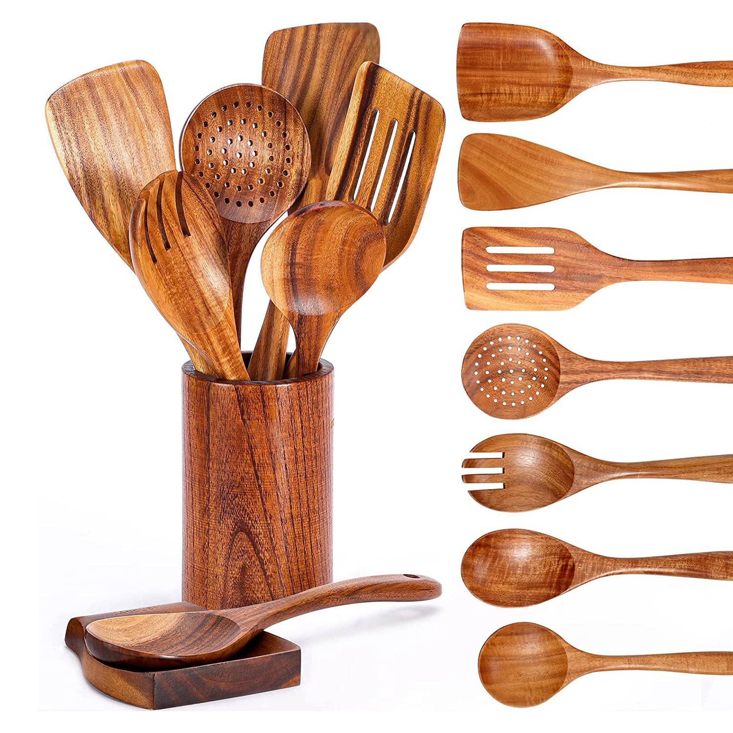 Hausdec 9 PCS Wooden Spoons for Cooking, Wooden Utensils for Cooking with Utensils Holder, Teak Wooden Kitchen Utensils Set