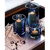 ARIAMOTION Blue Candle Holder for Pillar Tealights Modern Bubbles Glass Hurricane Cylinder Vases Table centerpieces Kitchen Island Dining Room Coffee Bar 8" 5" 3.5" Height Set 3