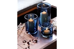 ARIAMOTION Blue Candle Holder for Pillar Tealights Modern Bubbles Glass Hurricane Cylinder Vases Table centerpieces Kitchen Island Dining Room Coffee Bar 8" 5" 3.5" Height Set 3
