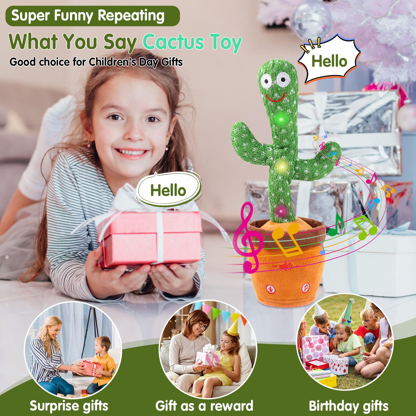MIAODAM Dancing Talking Cactus Toy for Baby Toddler, Colorful Glowing Repeating What You Say, Singing Talking Toy 120 Pcs Songs for Baby Dancing Cactus Mimicking Toys
