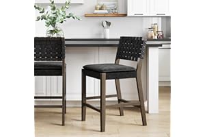 Nathan James Cohen Mid-Century Modern Leather Bar Stool, Counter Height Chair in Solid Wood Frame with Footrest and Woven Leather Back for Kitchen, Black