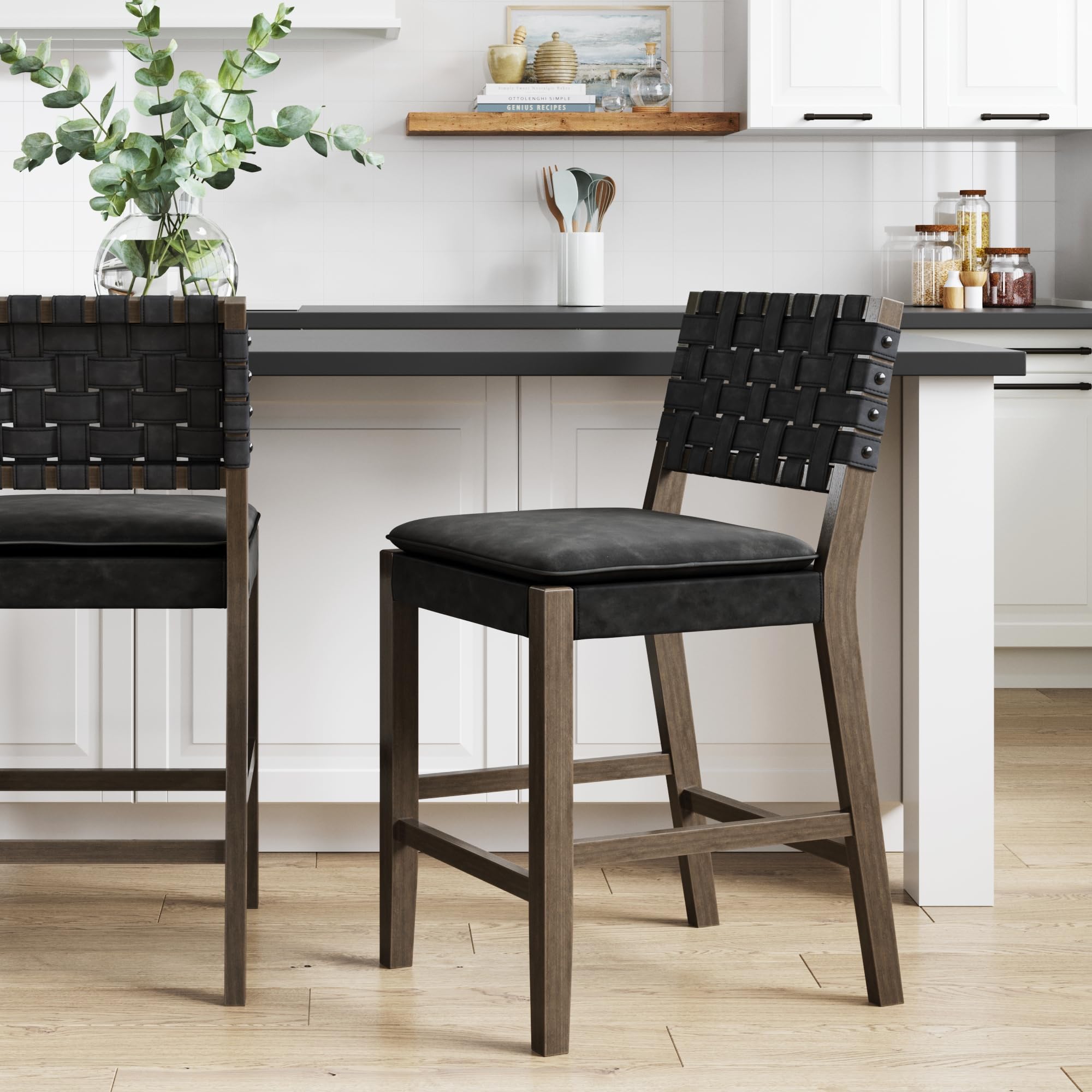 Photo 1 of *MISSING PARTS - see clerk notes*
Nathan James Cohen Mid-Century Modern Leather Bar Stool, Counter Height Chair in Solid Wood Frame with Footrest and Woven Leather Back for Kitchen, Black