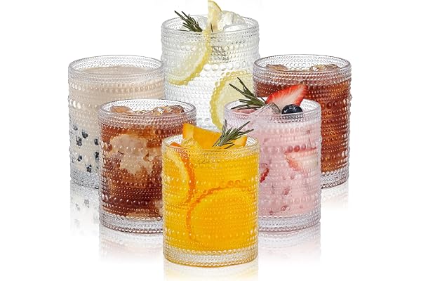 HomeVogue Hobnail Drinking Glasses Set of 6,12 oz Vintage Glassware Set Cocktail Glass Set, Embossed Clear Water Tumbler,for