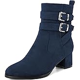 AUMOTED Kitten Low Ankle Boots for Women Chunky Block Heel Bootie Side Zipper Round Toe Double Adjustable Buckle Boots Women 2 Inch Heeled Boots