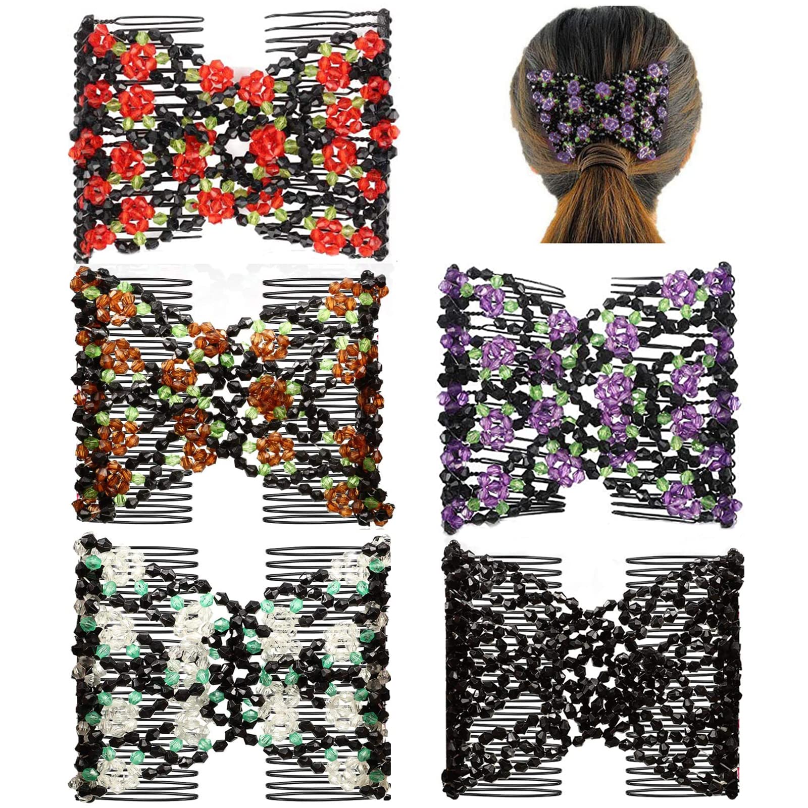 Cosswe Hair Comb, DIY Magic Stretchable Hair Styling Tool for Women - 5 Pack, Alloy, Beads & Elastic Strings - Hair Curls/Straight Hair/Short Hair/Long Hair/Dense Hair/Thin Hair