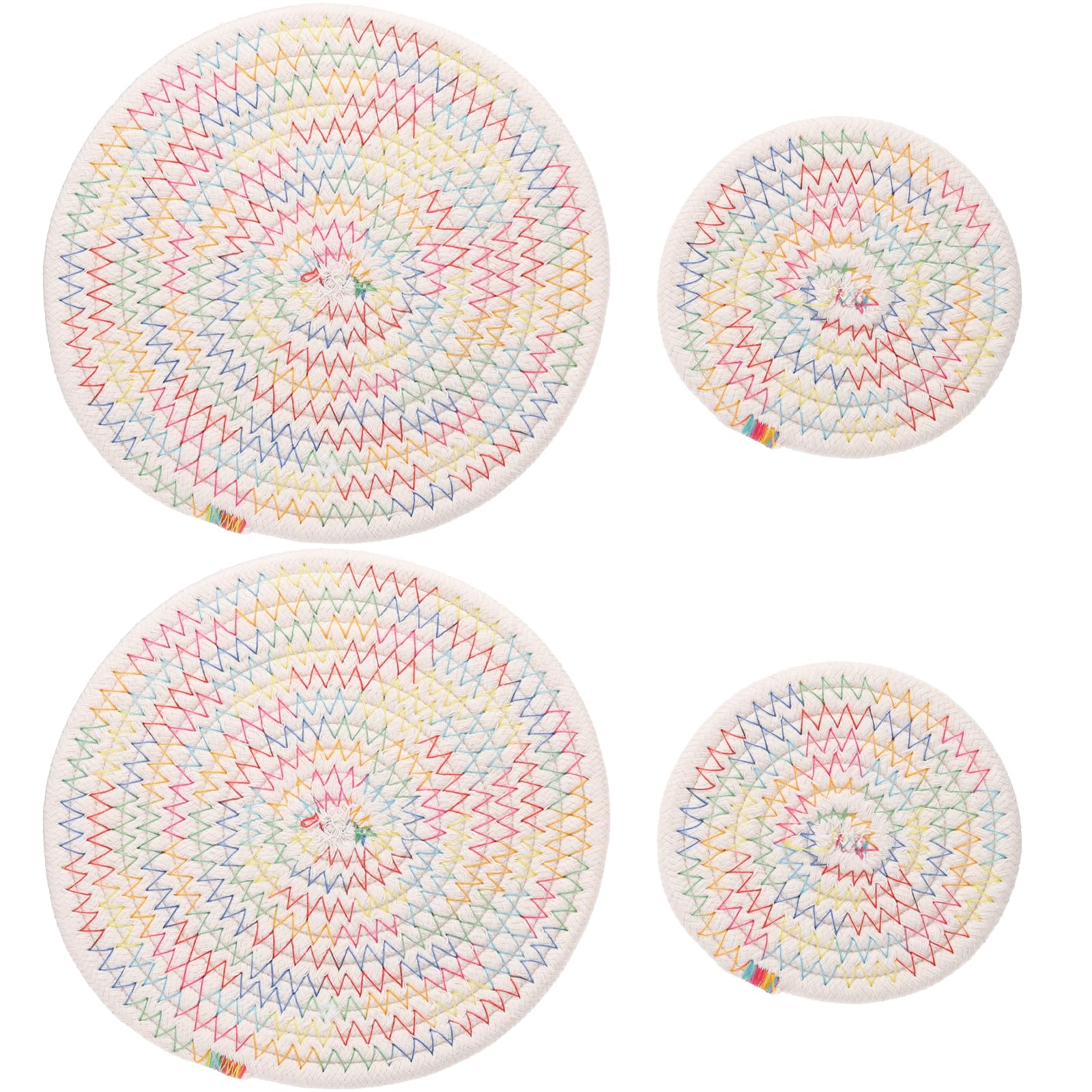 PATIKIL Plant Coasters 4 Inch 7 Inch, 4 Pcs Woven Plant Mat Round Pads Set for House Indoor Outdoor Gardening Pot Kitchen Table, White & Color