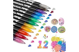 ABEIER Glitter Markers Pens, 12 Colors Sparkle Acrylic Metallic Paint Pens, Fine Point Tip, Water-based Ink for Rock Painting, Stone, Mugs, Ceramic, Glass, Wood, Card, Canvas, DIY Crafts, Art Supplies