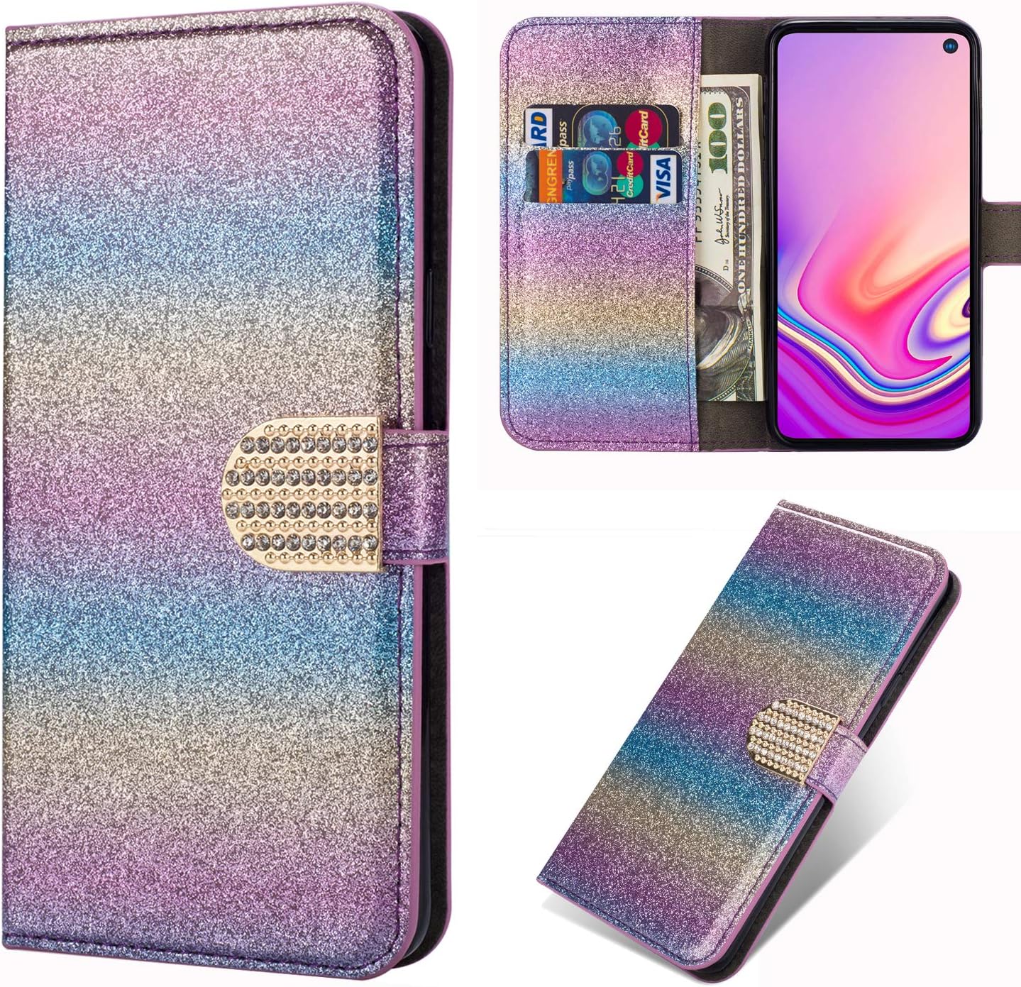 Flip Wallet Case for Samsung Galaxy S10+ Multicolour Glitter Cool Cute 3D Diamond Buckle Bling Glitter Pattern Leather Stand Function Flip Kickstand Magnetic Book Wallet Cases for Samsung Galaxy S10+