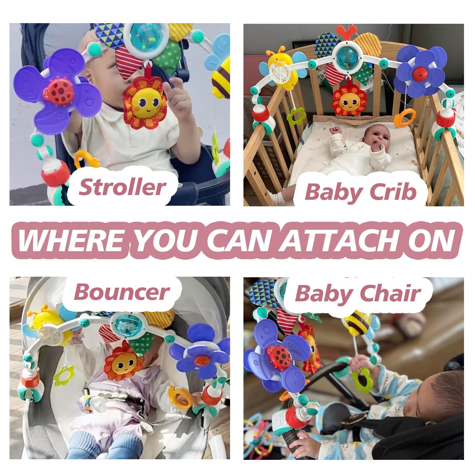 Baby Activity Arch Toy Bar for Stroller, Bassinets and Car Seat, Adjustable Crib Toys Hanging Attachment, Sensory Development Toys with Rattles