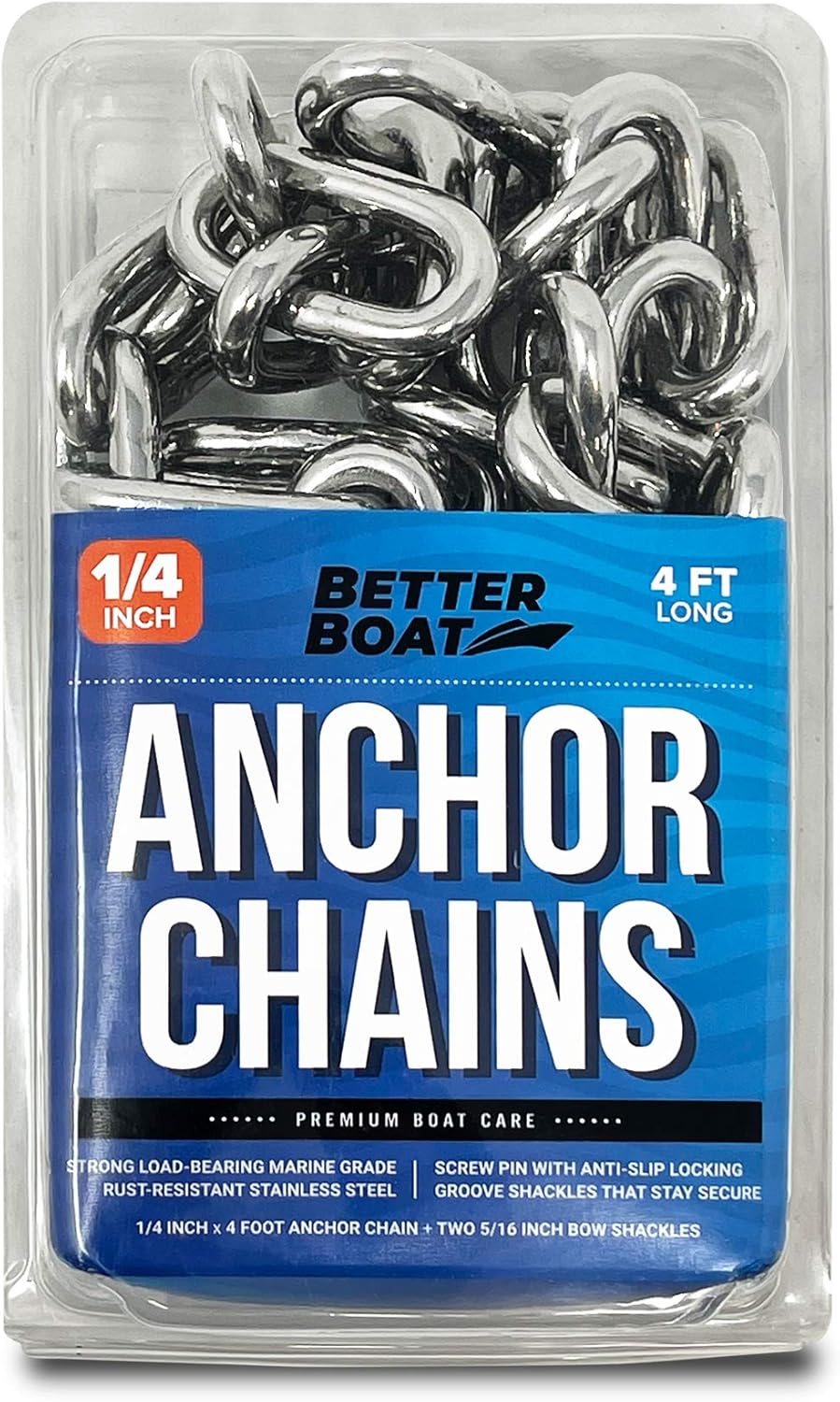 Better Boat 4 Foot 1/4" Stainless Steel Anchor Chain and Double Shackle Link Ends Marine Grade : Sports & Outdoors