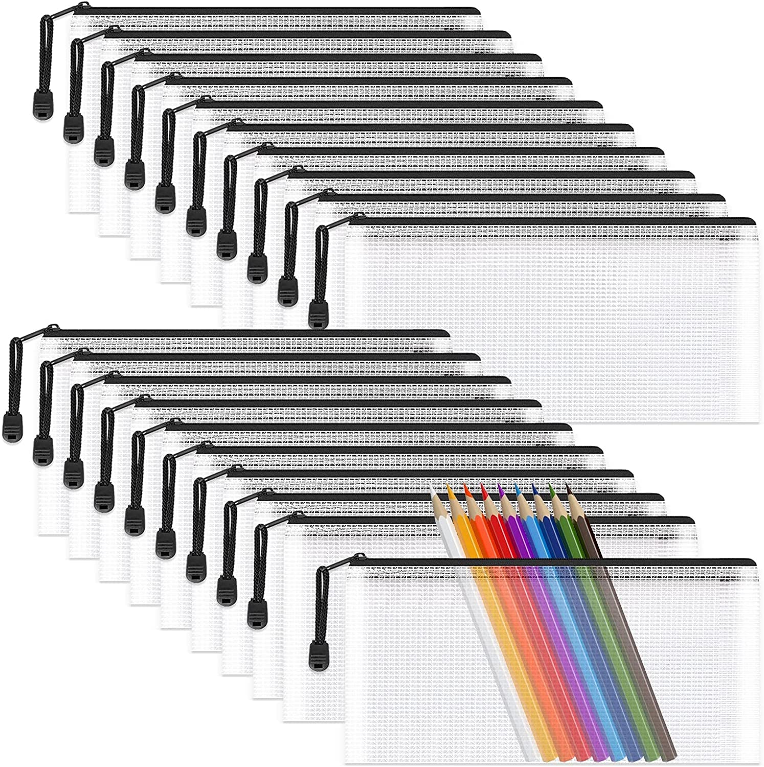A6 Mesh Pencil Pouch Zipper File Bags, 20PCS Clear Pencil Case Plastic Wallets Folders Waterproof Storage Pouch for School Supplies, Bills, Cosmetics, Stationery and Travel Accessories, Black