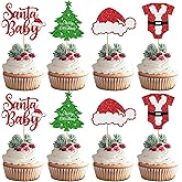 24 Pack Christmas Santa Baby Cupcake Toppers Glitter Merry Christmas Tree Baby Hat Cupcake Picks Christmas Cupcake Decorations for Gender Reveal Baby Shower Kids Birthday Party Cake Decorations