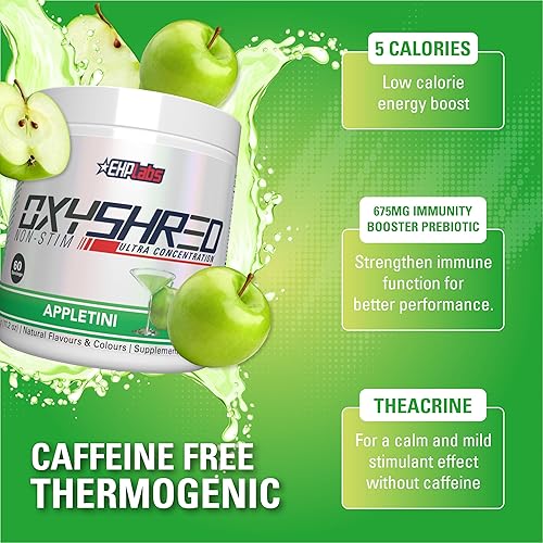 EHP Labs OxyShred Non Stimulant Pre Workout Powder - Stim Free Pre Workout,  Caffeine Free Preworkout for Men & Women with L Glutamine & Acetyl L  Carnitine - Apple, 60 Servings in