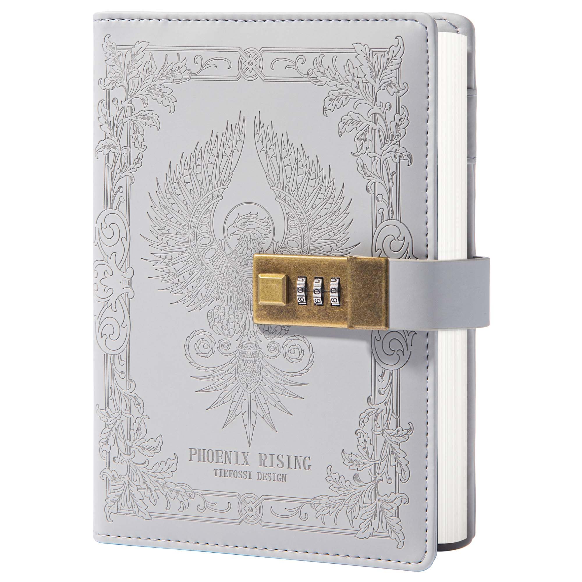 TIEFOSSI Phoenix Journal Notebook with Lock, Vintage Leather Locked Diary, B6 Travel Refillable Ruled Lined Writing Paper, Secret Password Gift Diary for Women Girls Boys (Grey)