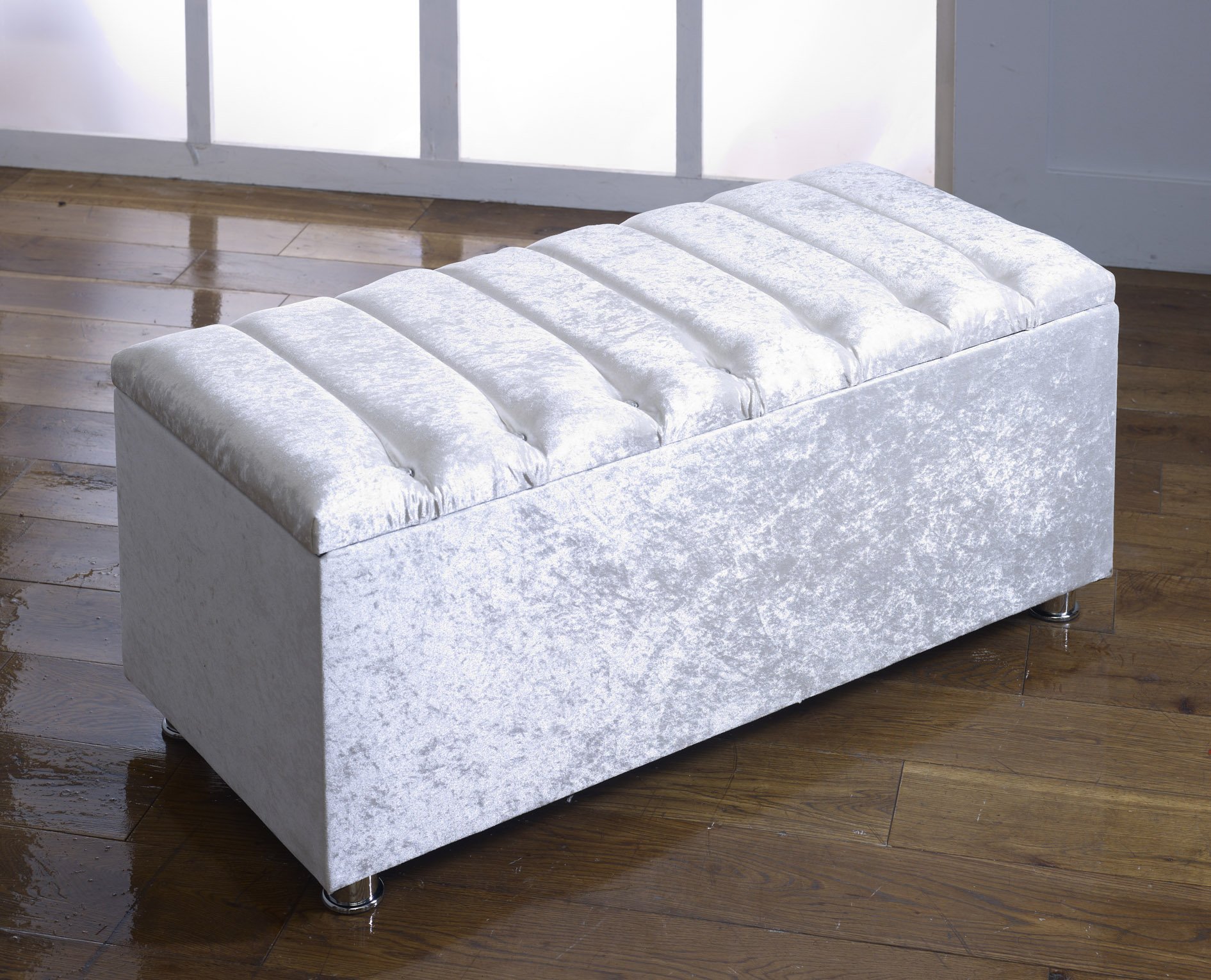 CHICAGO CRUSHED VELVET DIAMANTE OTTOMAN TOY STORAGE BLANKET BOX CHOICE OF COLORS (IVORY)