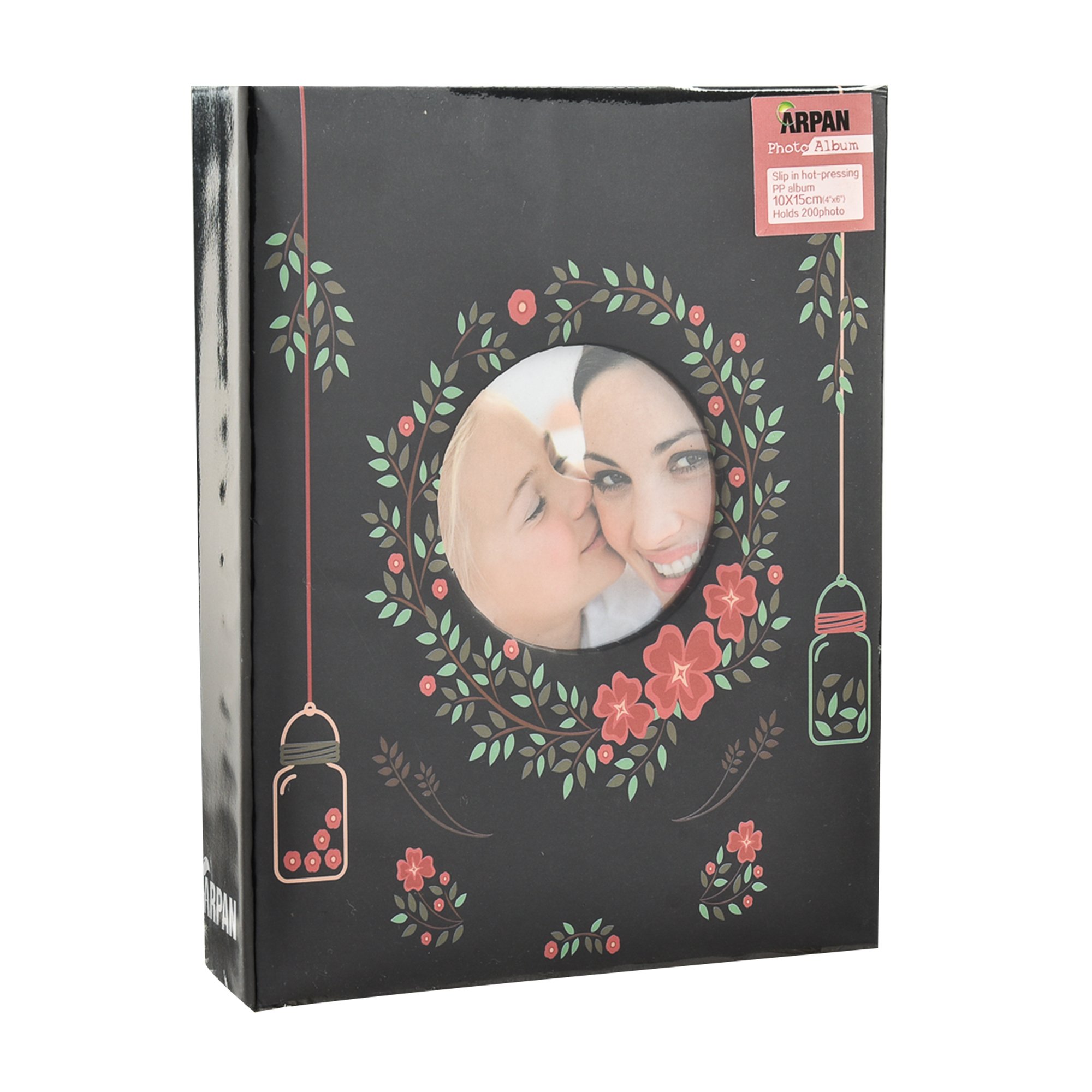 ARPAN Photo Album 6x4 for 200 Photos – Black Floral Slip In Album with Cover Window, Memo Storage, CD/DVD Pocket, Picture Album with Plastic Jacket for Photo Storage
