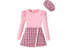 SODLON Girls Clothes Kids Fall Winter Outfits Puff Sleeve Top Girls Plaid Skirt Sets Casual Tween Girl Dresses Size 5-12Y