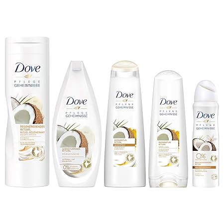 Dove Pflegeset Kokos mit Duschgel (250ml), Body Lotion (400ml), Deospray (150ml), Shampoo (250ml) und Spülung (200ml) (5 Prod