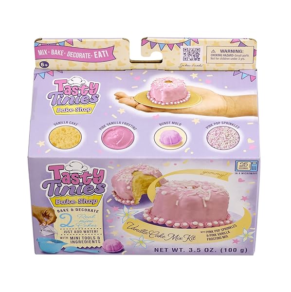 GOLIATH TASTY TINIES BAKE SHOP VANILLA CAKE MIX KIT WITH PINK POP SPRINKLES & PINK VANILLA FROSTING | BAKE & DECORATE 2 REAL MINI CAKES | INCLUDES MINI TOOLS & INGREDIENTS | AGES 6+