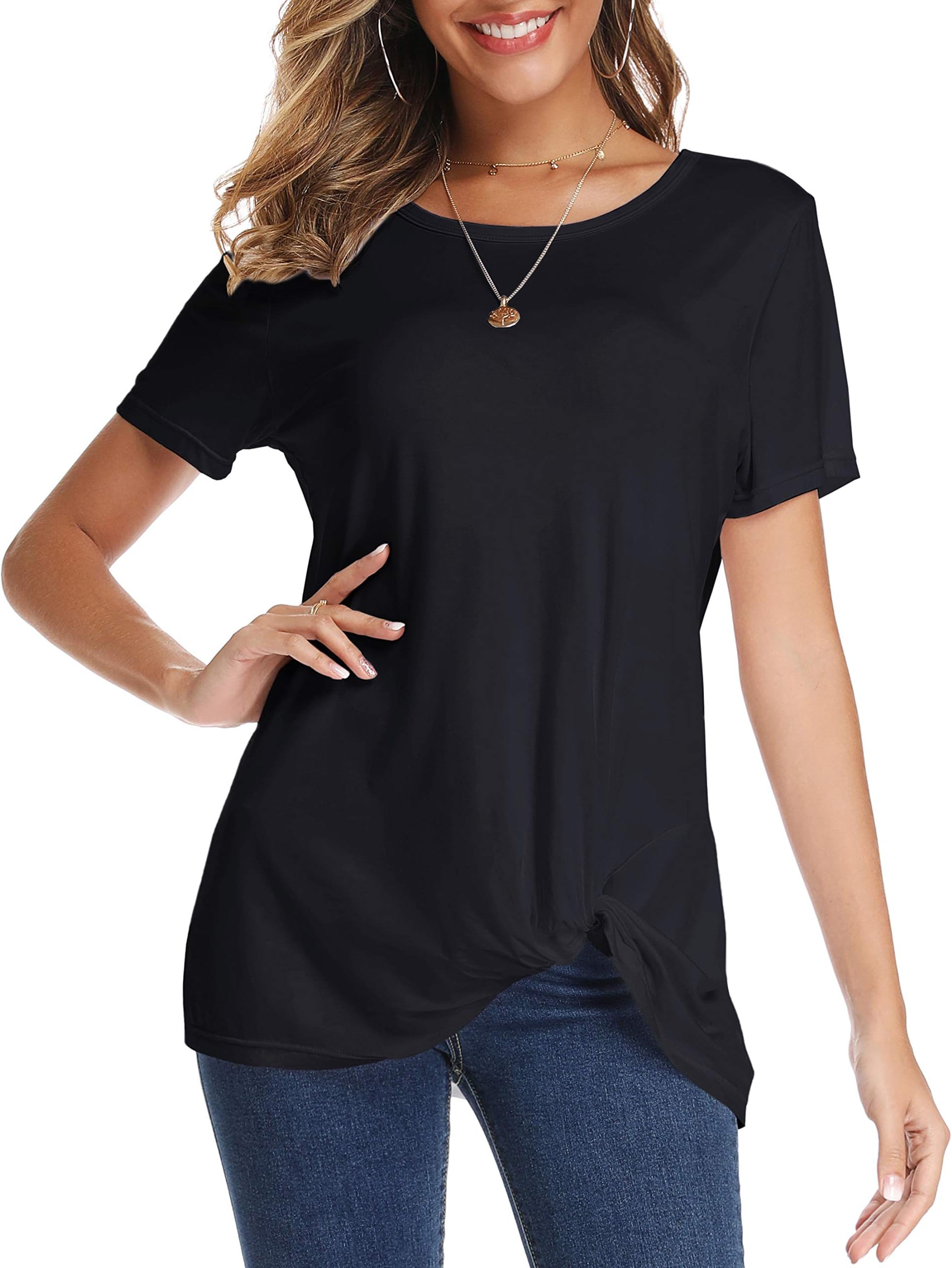 Women's Short Sleeve Tops Knot Twist Front Floral Tops Loose T Shirt Summer Tops Blouses Tunic