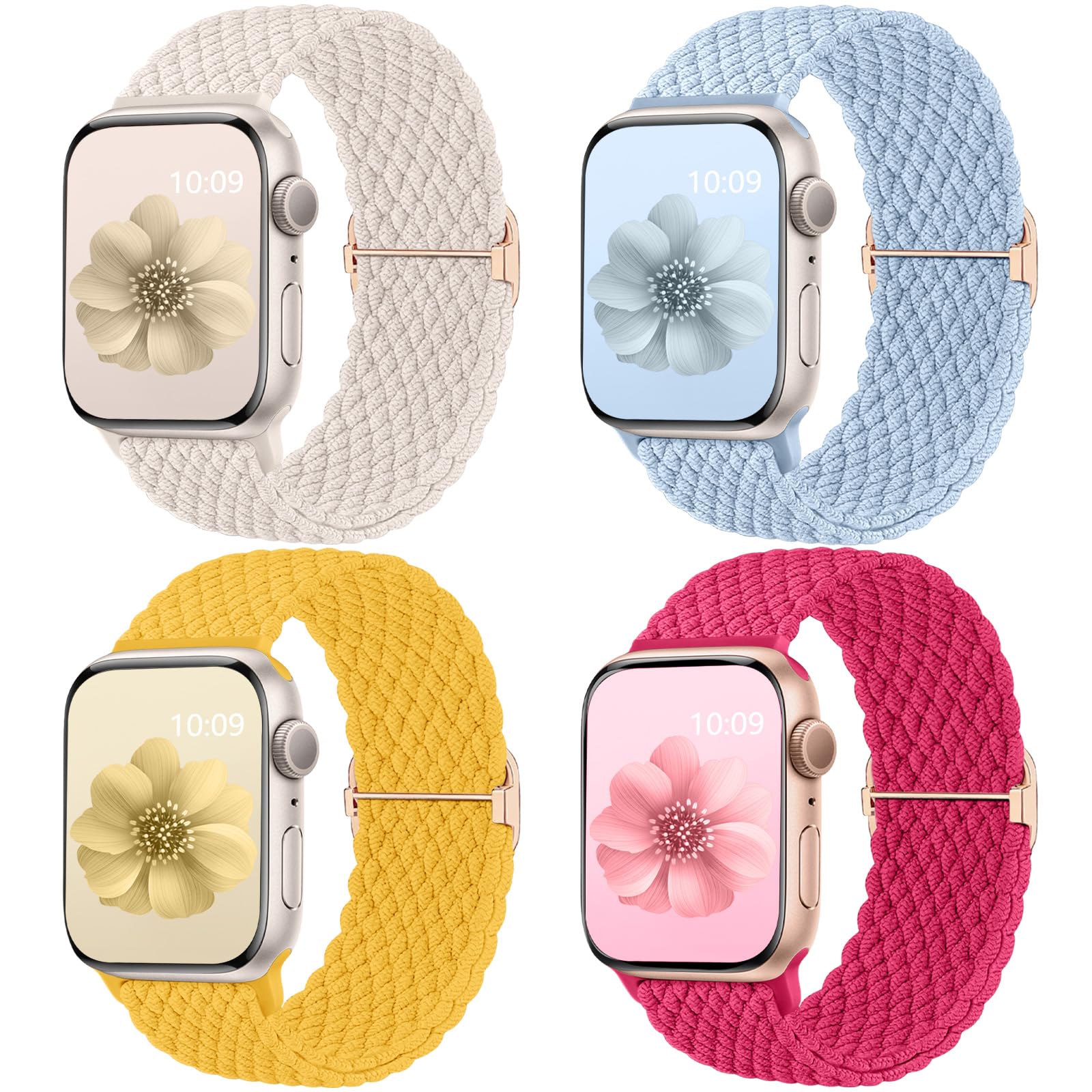 Mastten 4 Pack Braided Solo Loop Compatible with Apple Watch Straps 40mm 41mm 42mm 38mm Women Men, Stretchy Elastic Nylon Sport Strap for iWatch SE 3 2 1 Series 11 10 9 8 7 6 5 4 3 2 1