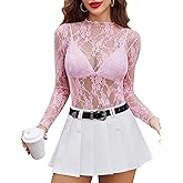Avidlove Women's Mesh Top Long Sleeve Mock Neck Sheer Blouse See Through Floral Lace Tops