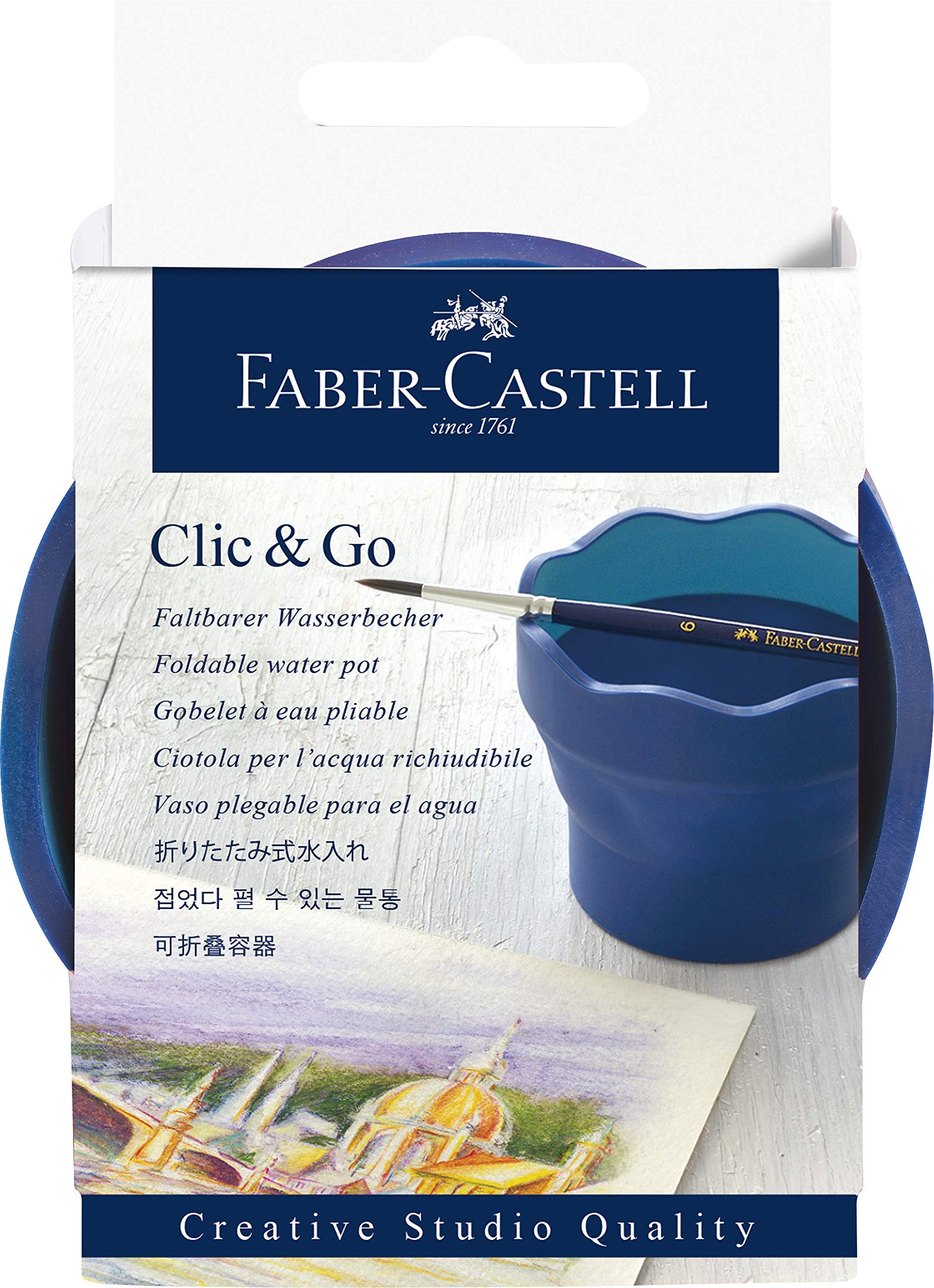 Faber Castell Clic & Go Water Cup, Blue, for Artists, Students, Washing Brushes, Watercolour, Acrylic, Watercolour Pencils and Pens