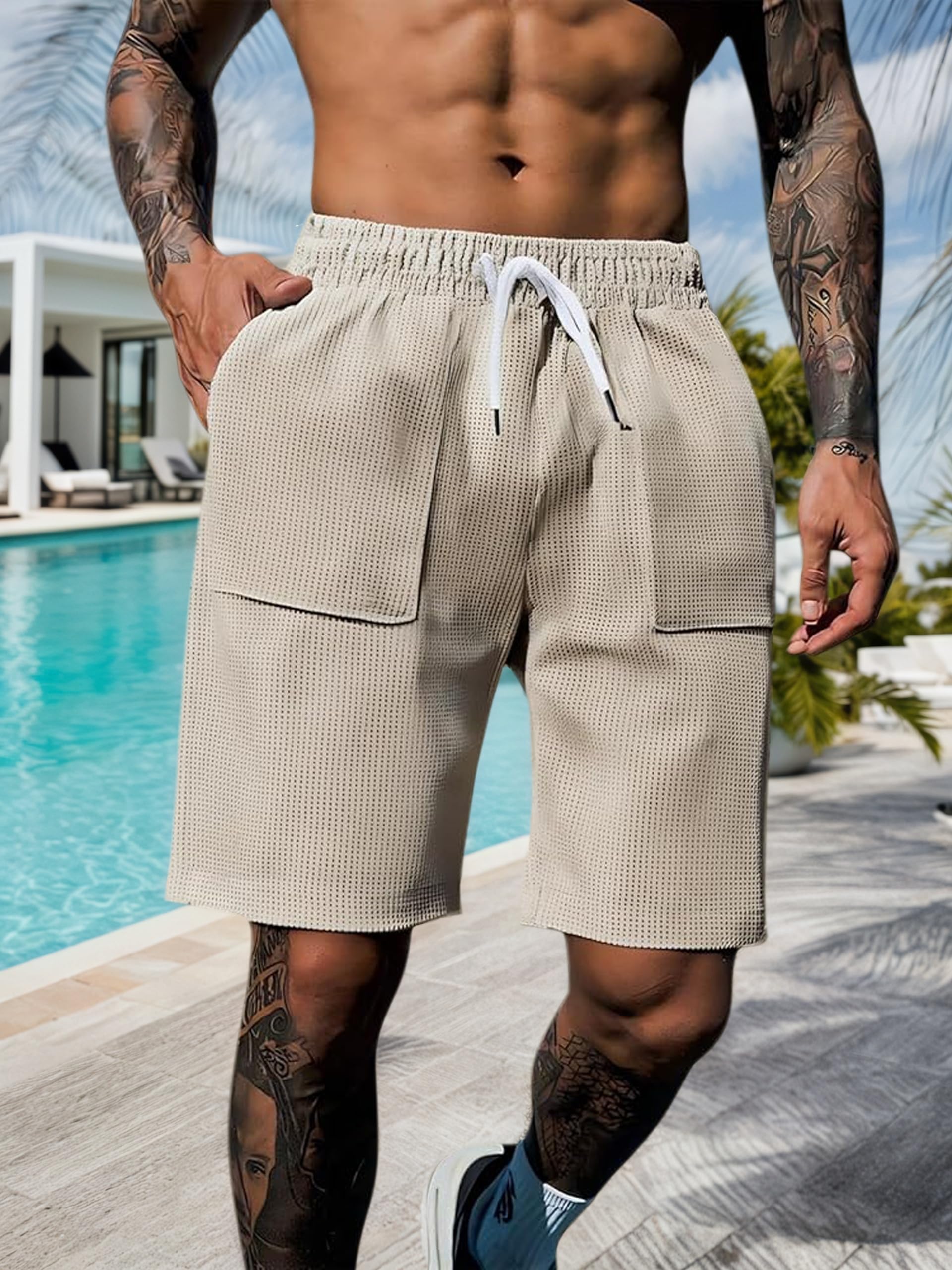 Photo 1 of Men's Casual Waffle Shorts Soft Breathable with Pockets for Outdoor Hiking Khaki xl