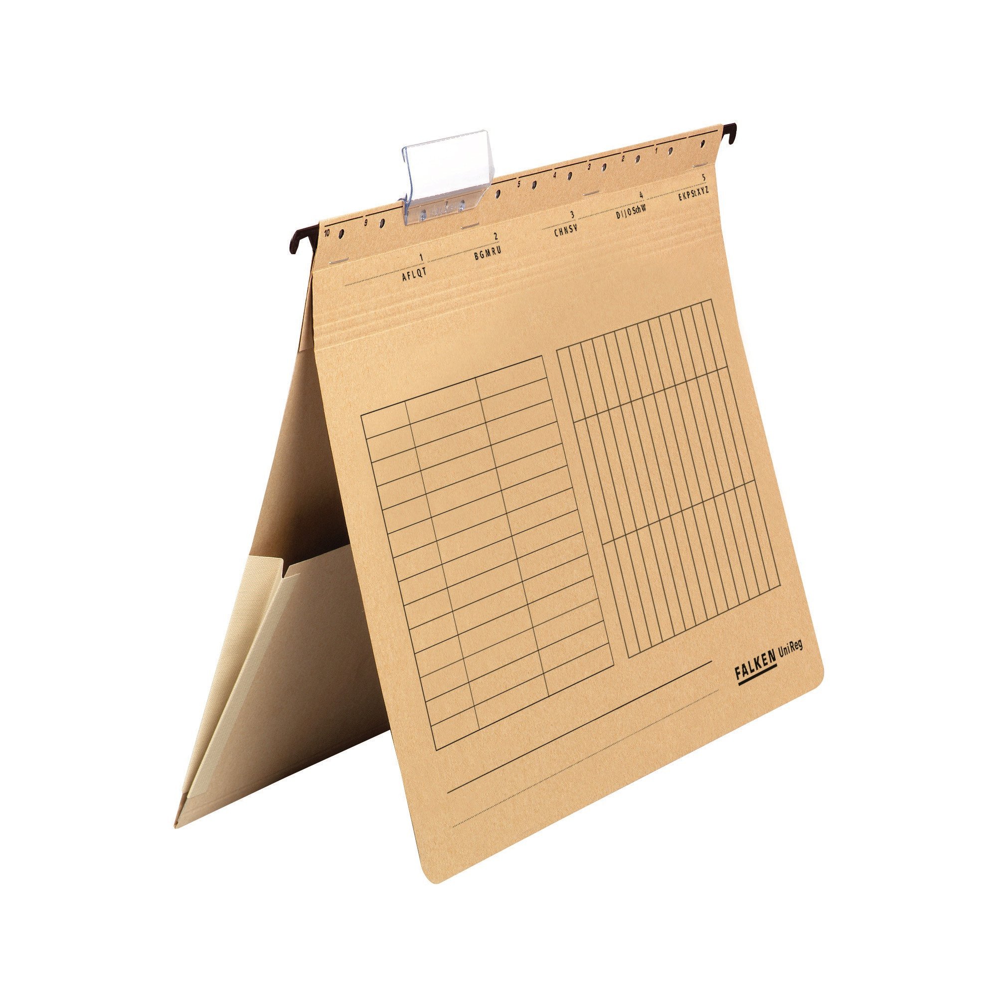 Original Falken 5-pack hanging file UniReg. Made in Germany. Made of recycled cardboard brown, DIN A4 commercial stapling with inner pocket on the spine Blue Angel ideal for loose leaf filing