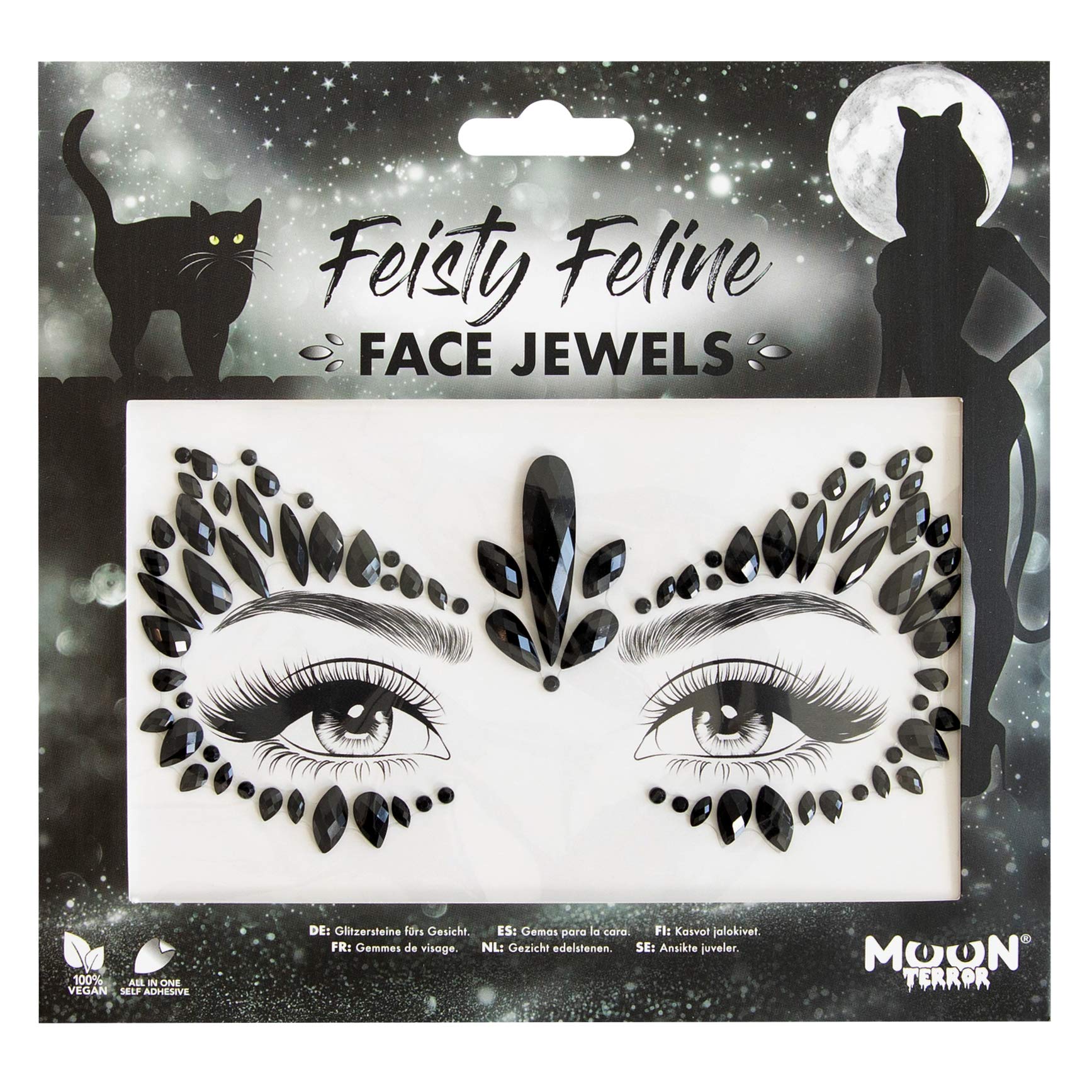 Face Jewels by Moon Terror | Feisty Feline | Festival Face Body Gems, SFX Make up, Crystal Make up Eye Glitter Stickers, Temporary Tattoo Jewels, Special Effects Make up