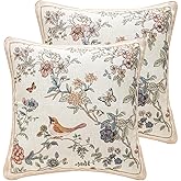 ISAENNE Design Square Floral Bird Linen Throw Pillow Covers 18"x18" Pack of 2, Yellow Pink Cushion Covers with Flower Chinese Hwamei Decor Pillowcases for Bed,Living Room,Outdoor,Car