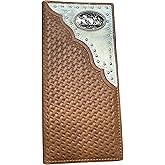 Western Stakes Men’s Long Leather Wallet – Hair-On Cowhide with Cowboy Praying Concho and Basketweave Tooled Design – Rodeo Bifold Checkbook Wallet for Christian Cowboys & Ranchers