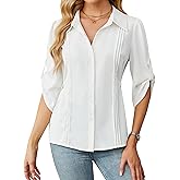 Blooming Jelly Womens Button Down Shirt 3/4 Sleeve Collared Pleated Business Casual Tops Ladies Trendy Summer Work Blouse